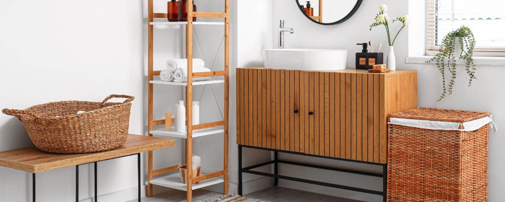 Un baño pequeño bien organizado con estantes y cestas.