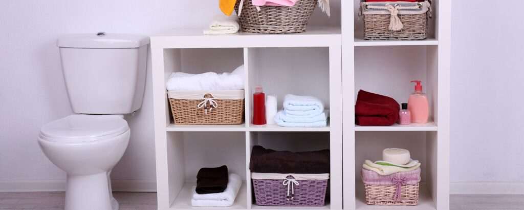 Cestas y cajas en un armario de baño para mantener el orden.