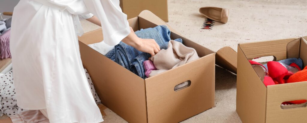 Persona organizando ropa de temporada en cajas de almacenamiento